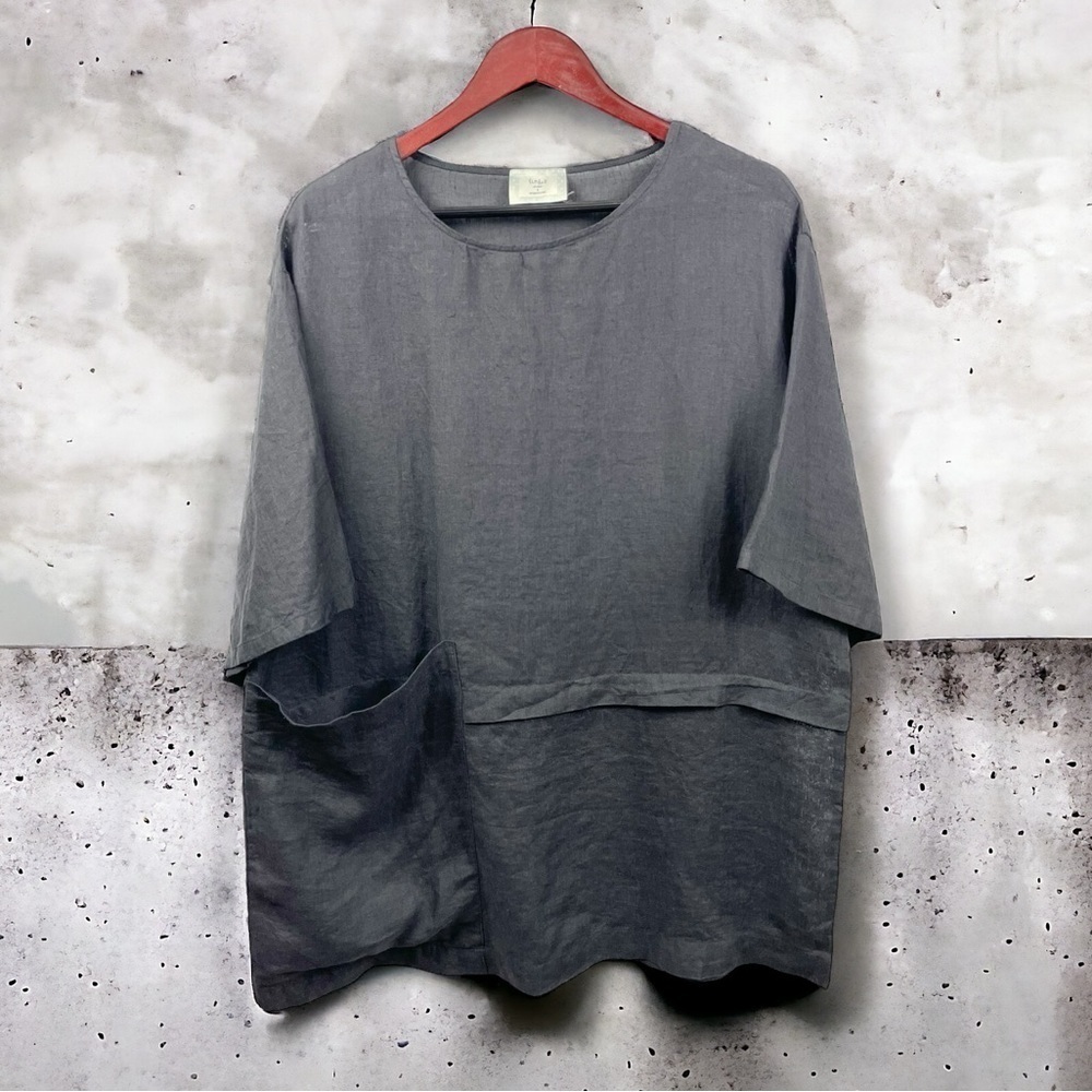 Chalet et Cici Black Linen Relaxed Short Sleeve Pocket Top Size S